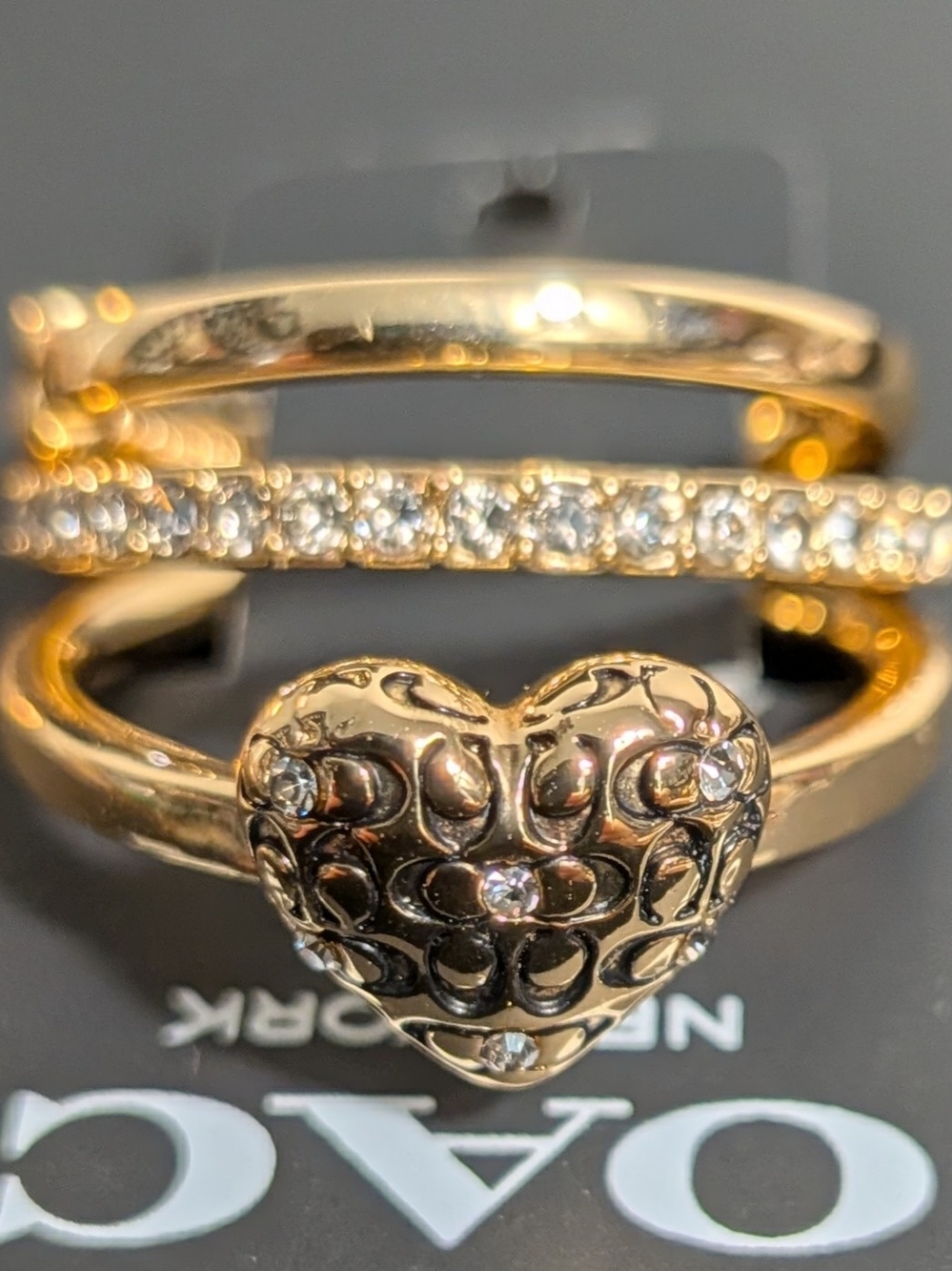 Coach New York Gold Heart Rhinestone Layered Ring Size 7 NWT MSRP $95